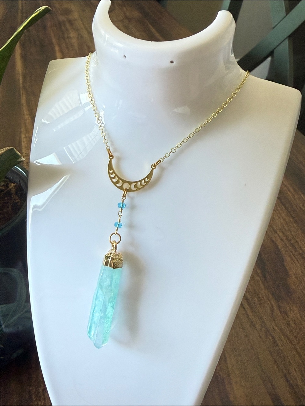 Gold Crescent Moon Necklace with Aqua Crystal Pendant - Women Jewelry